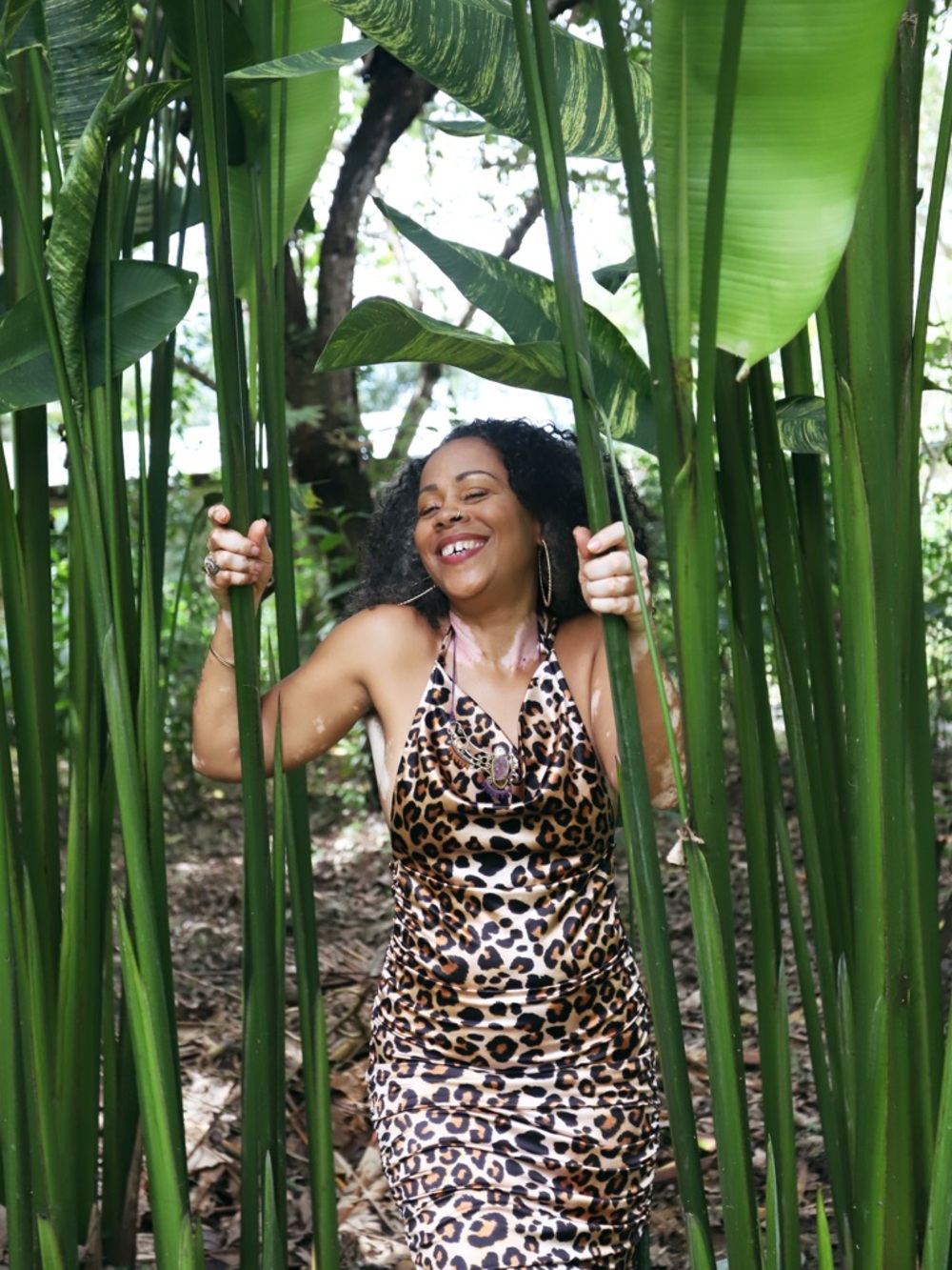 Leopard Print Halter Satin Dress - Brown/Black